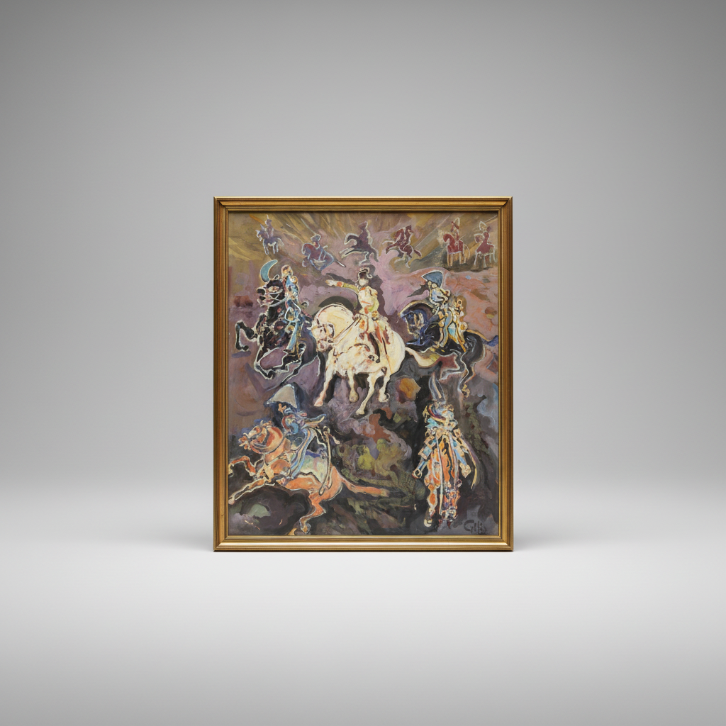 A framed painting depicting a dramatic scene of mounted figures and riders in a dark, painterly composition, shown against a neutral gray studio background.