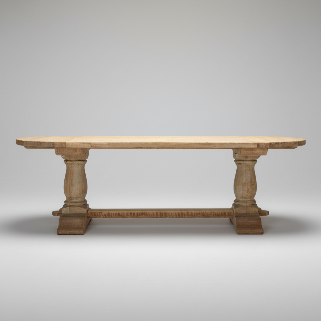 A rustic rectangular wooden table with turned pedestal legs and a lower stretcher bar, shown against a neutral gray studio background.