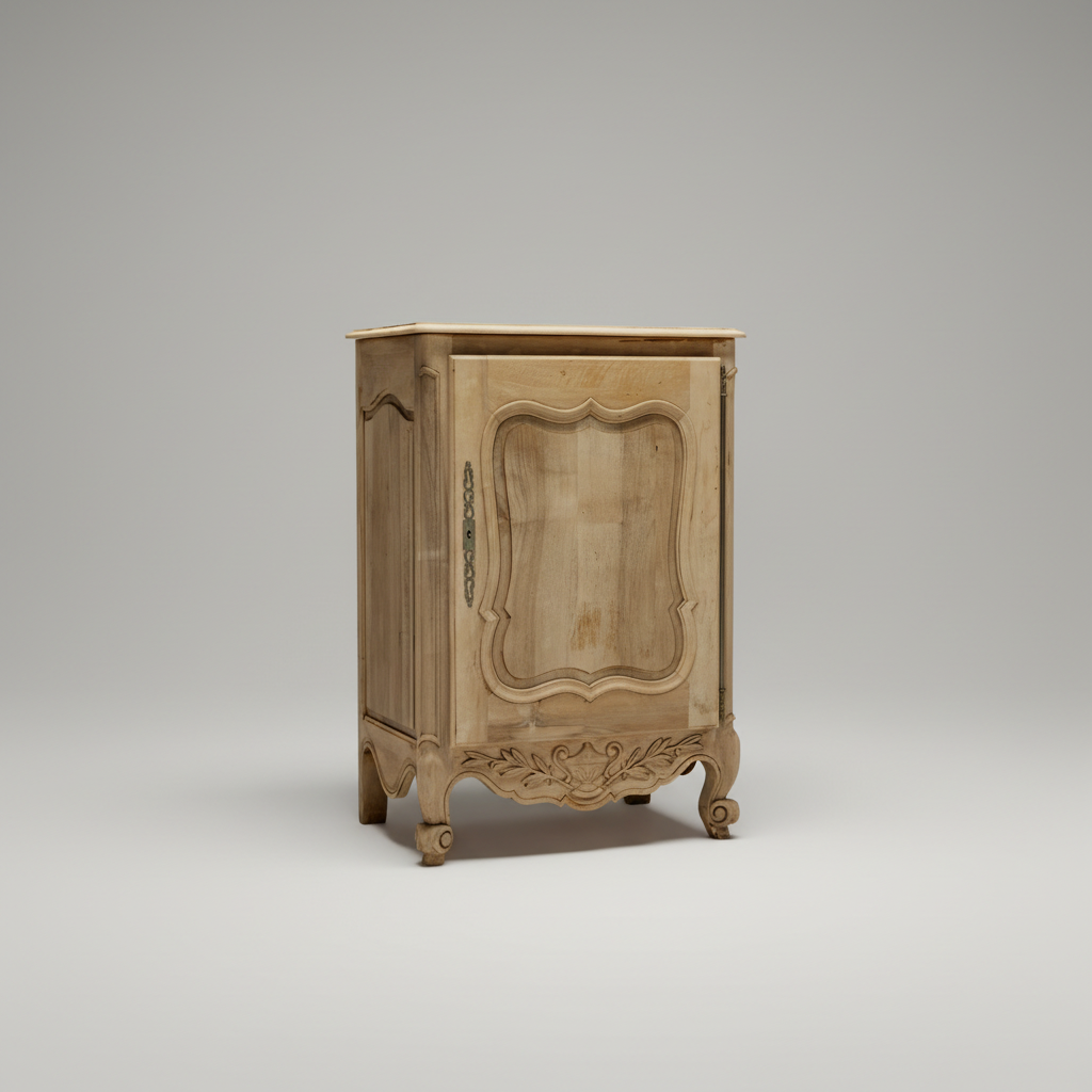 An ornate light beige wooden cabinet with carved details and cabriole legs, shown on a neutral gray studio background.