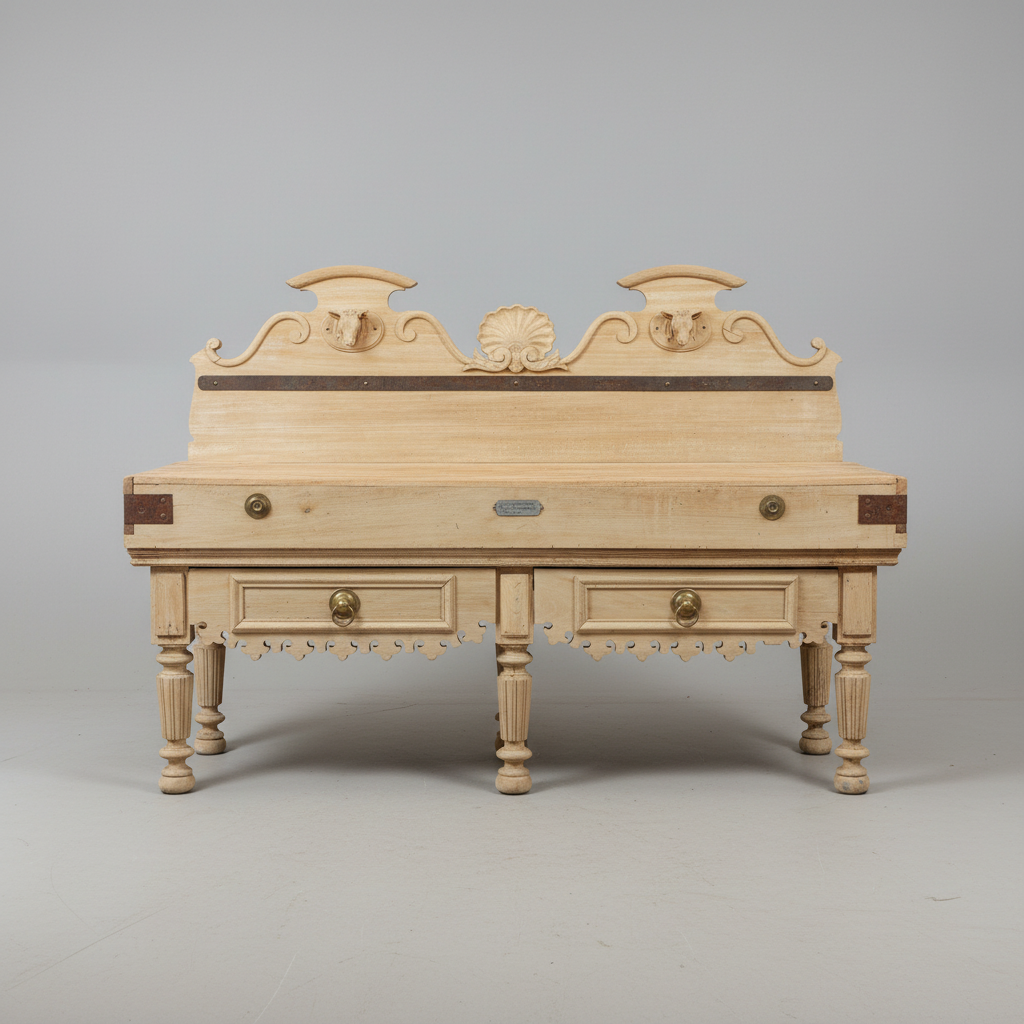 A light natural wood writing desk with ornate carved details on the back panel, turned legs, and brass drawer pulls, photographed against a neutral gray studio background.
