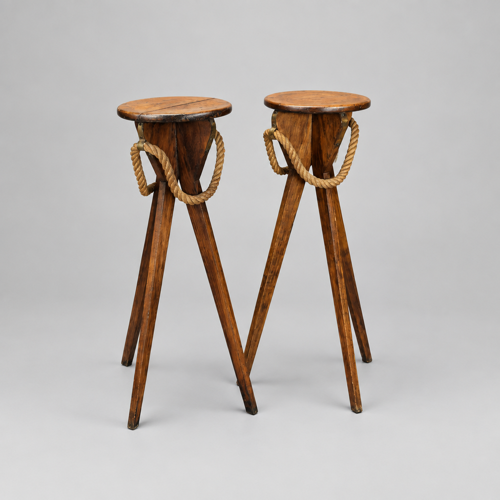 Vintage Audoux-Minet Style Oak Plant Stands, Pair
