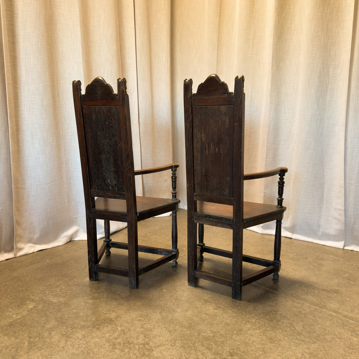 Circa 1900 Henri II Neo-Gothic Carved Oak Armchairs, Pair