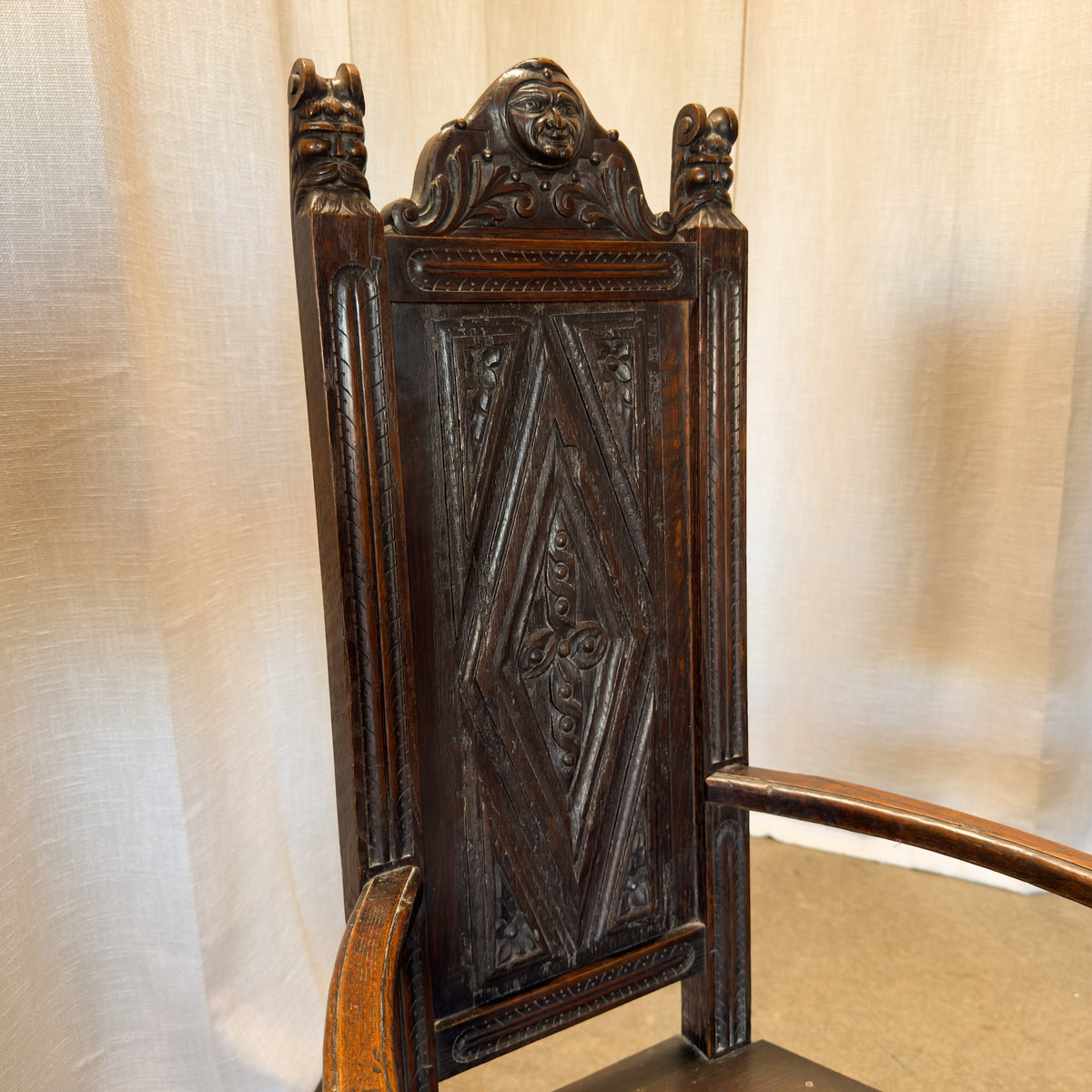 Circa 1900 Henri II Neo-Gothic Carved Oak Armchairs, Pair