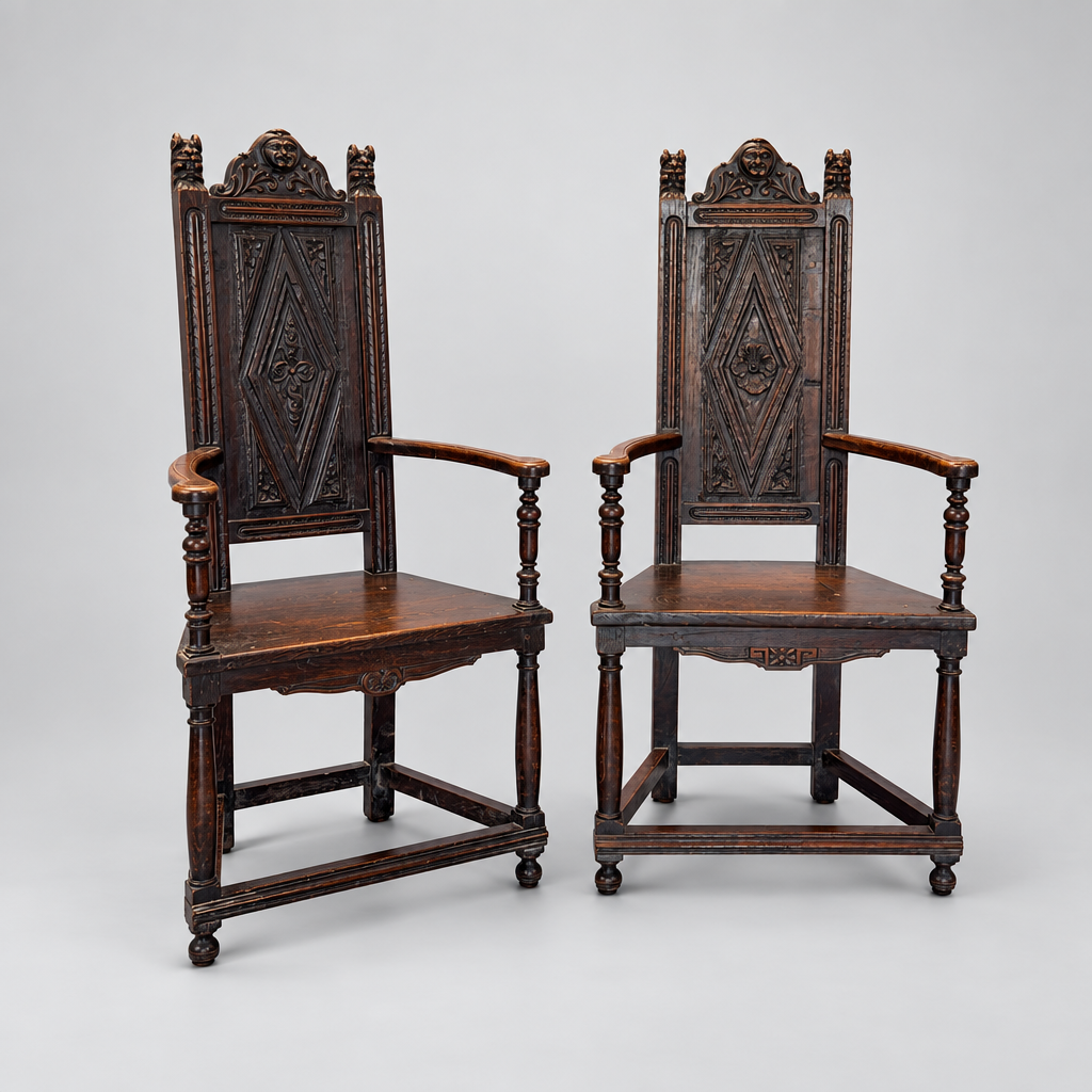 Circa 1900 Henri II Neo-Gothic Carved Oak Armchairs, Pair