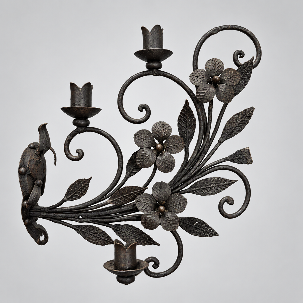 Circa 1900 Antique Wrought Iron Gothic Triple Candelabra