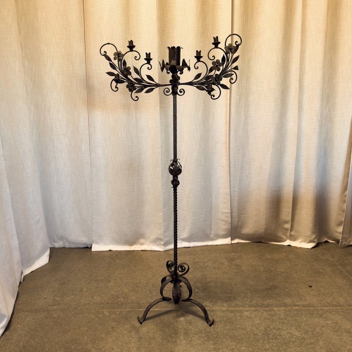 Circa 1900 Antique Wrought Iron Gothic Triple Candelabra