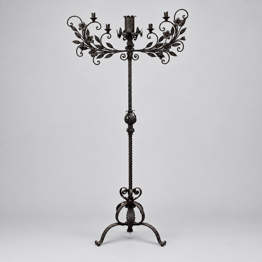 Circa 1900 Antique Wrought Iron Gothic Triple Candelabra