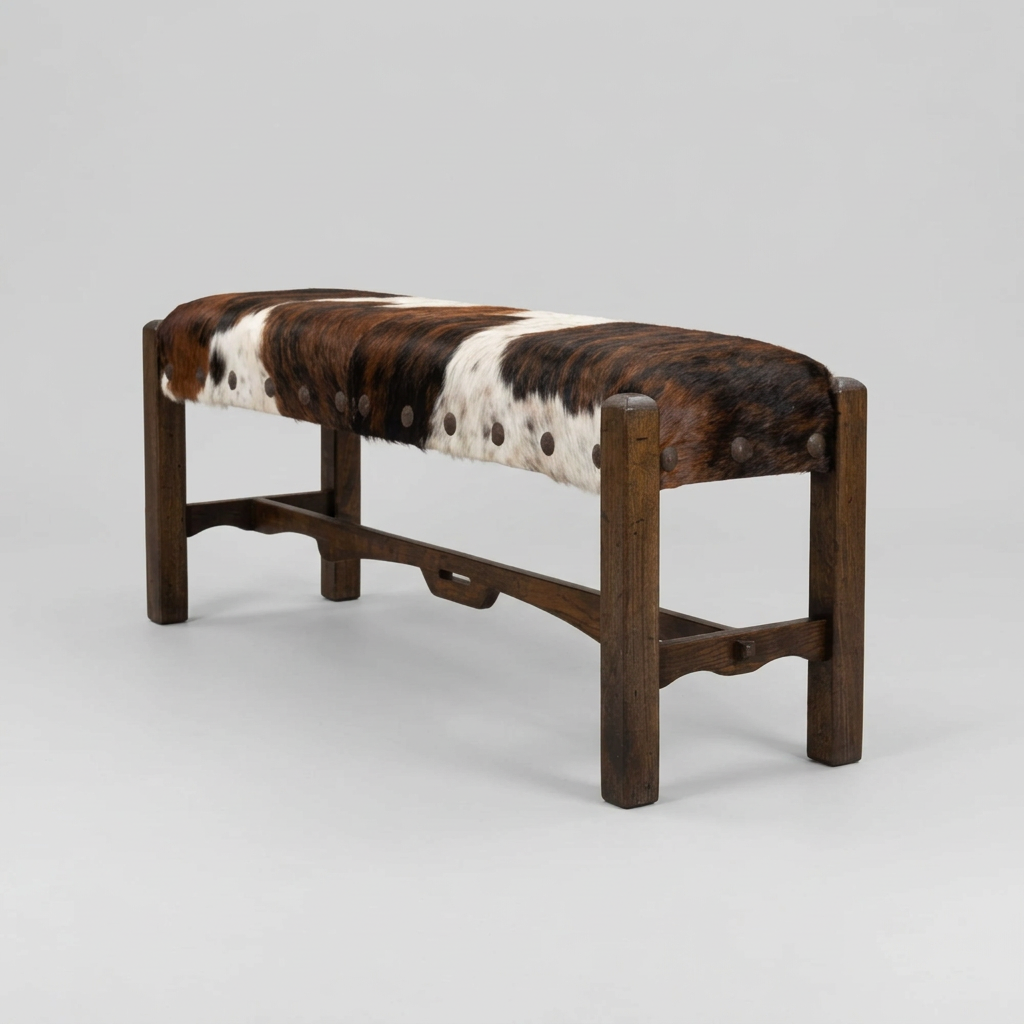 A rustic wooden bench with a brown and white cowhide upholstered seat, set against a neutral beige curtain backdrop.