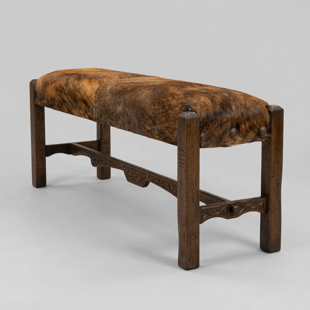A wooden bench with a brown and black mottled cowhide upholstered seat, set against a neutral beige curtain backdrop.