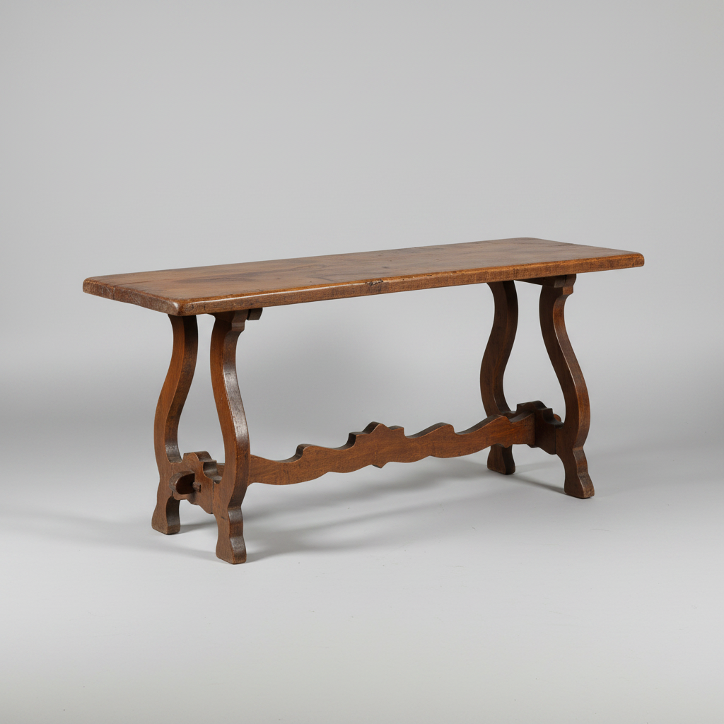 A rustic wooden console table with a rectangular top, curved legs, and a decorative stretcher bar, photographed on a neutral light gray background.