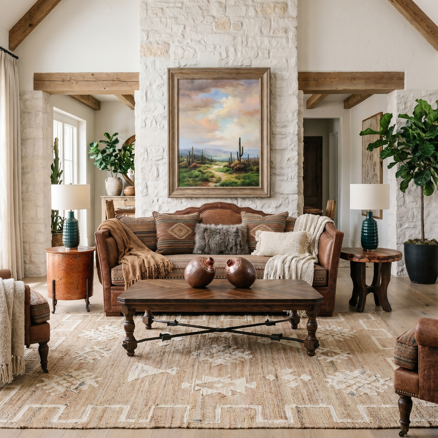 A rustic living room by Fiesta Furnishings featuring a western sofa, copper tables, and solid wood furniture. 
