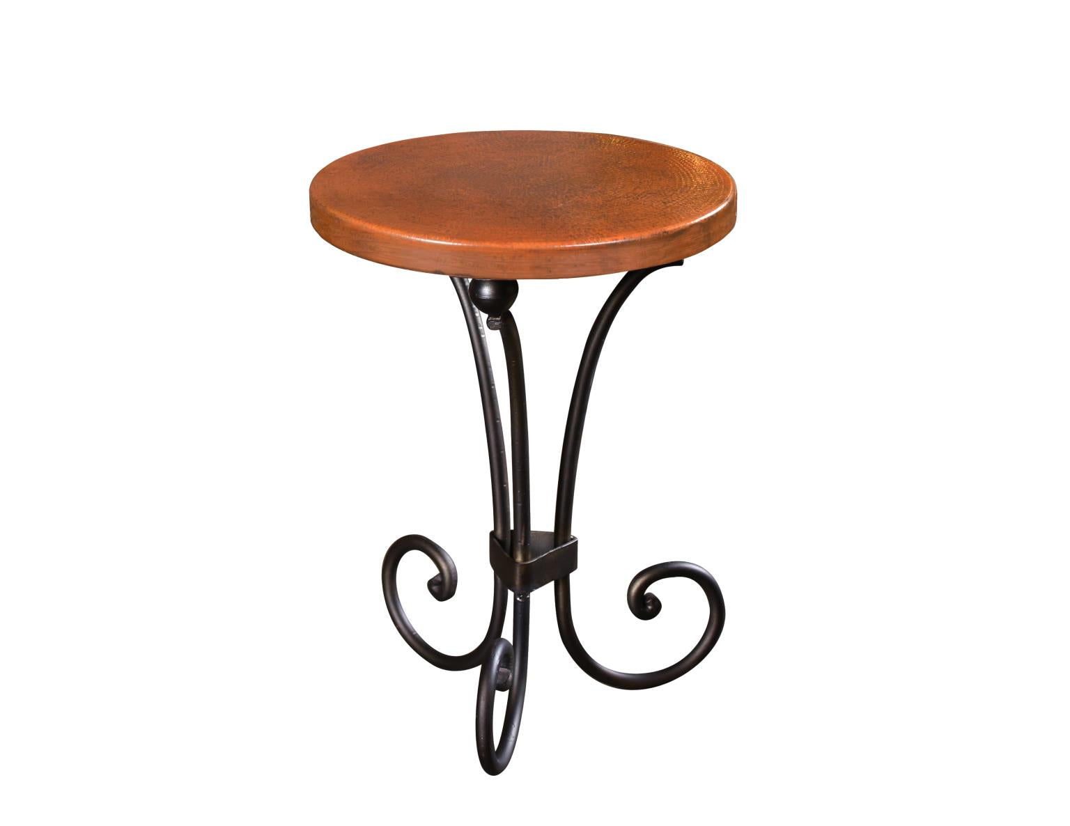 Small round copper table with decorative metal legs on a white background