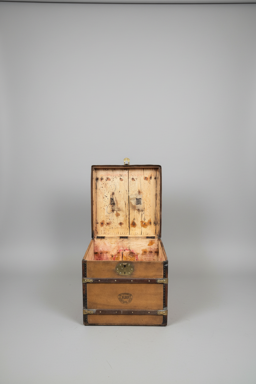 Vintage wooden trunk with a map on a textured surface