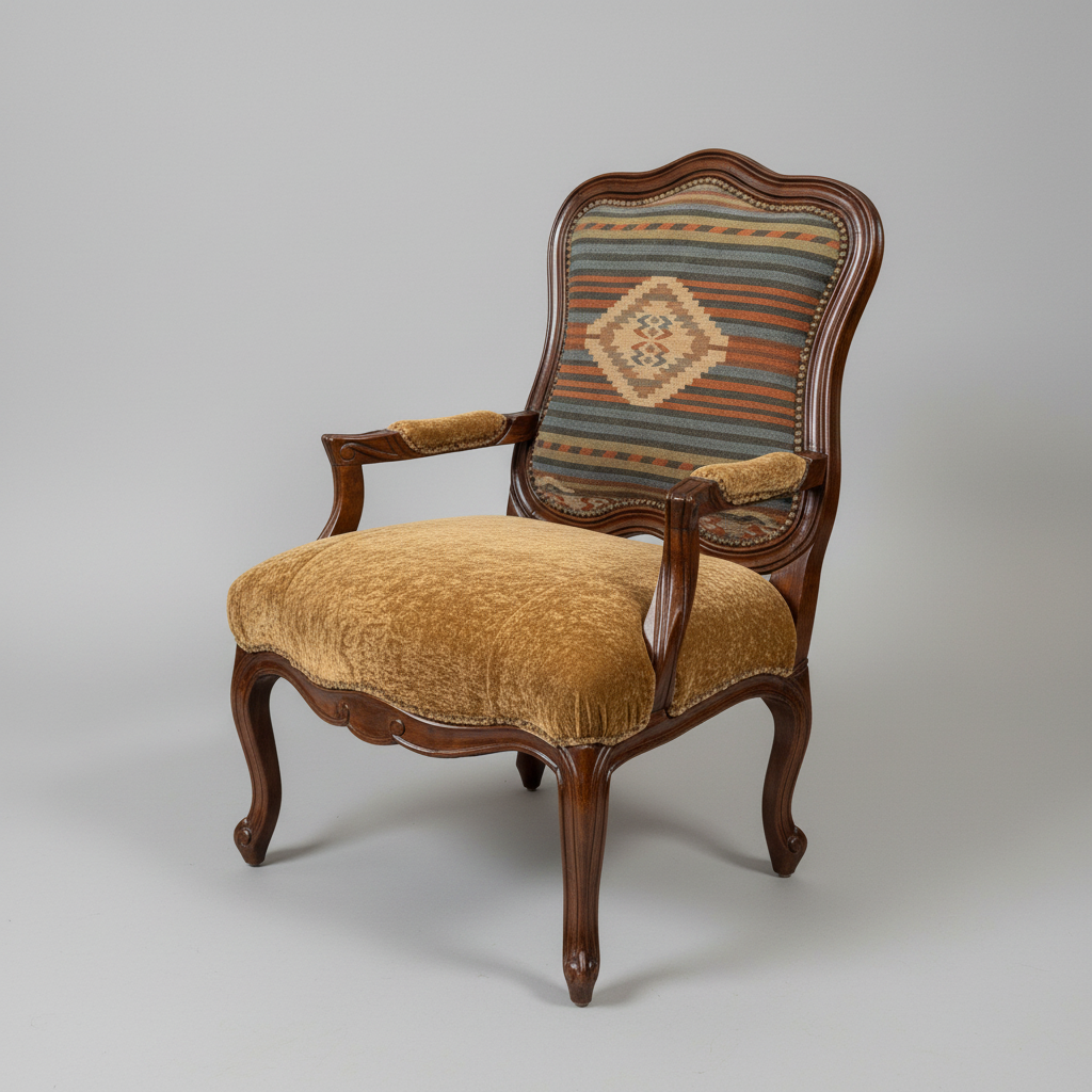 Vintage armchair with patterned backrest and beige seat on a gray background