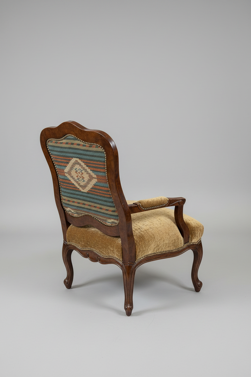 Vintage armchair with wooden frame and patterned backrest on a gray background