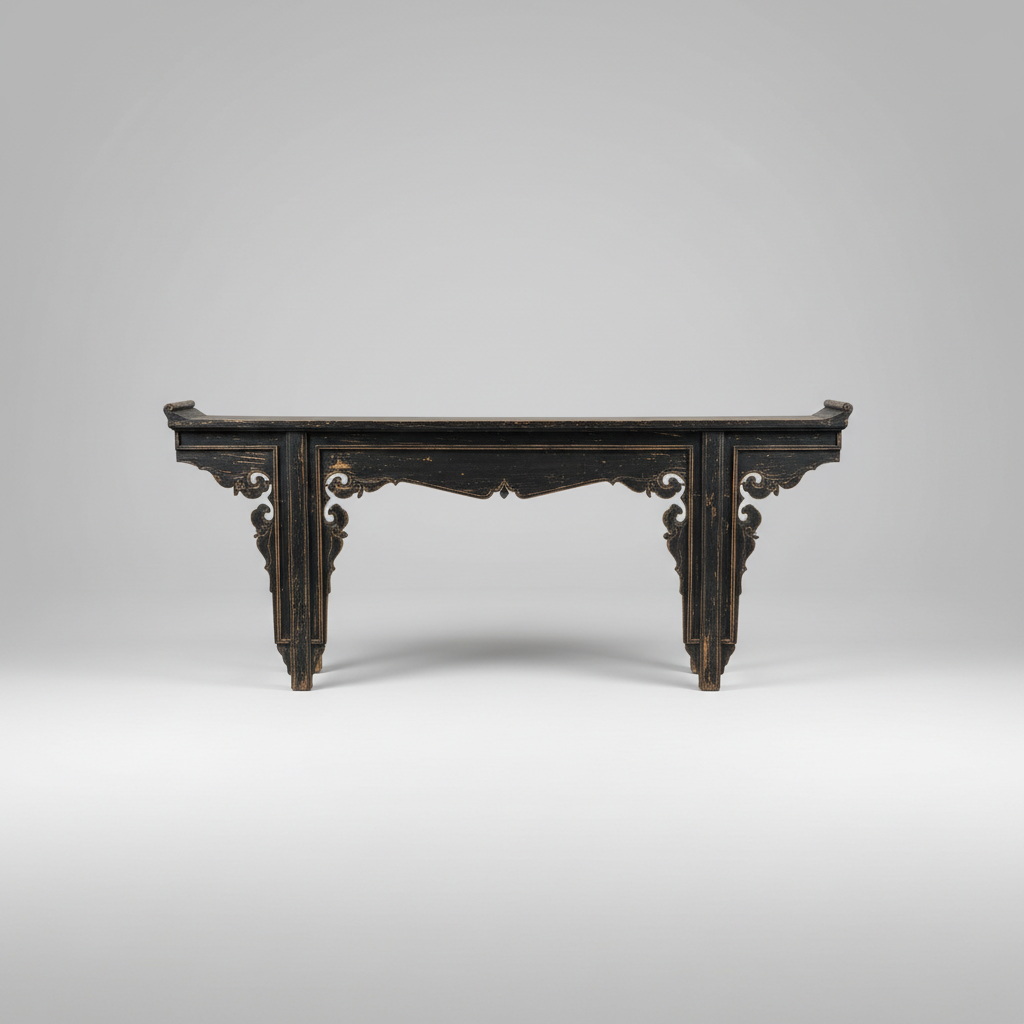 Decorative wooden console table on a gray background