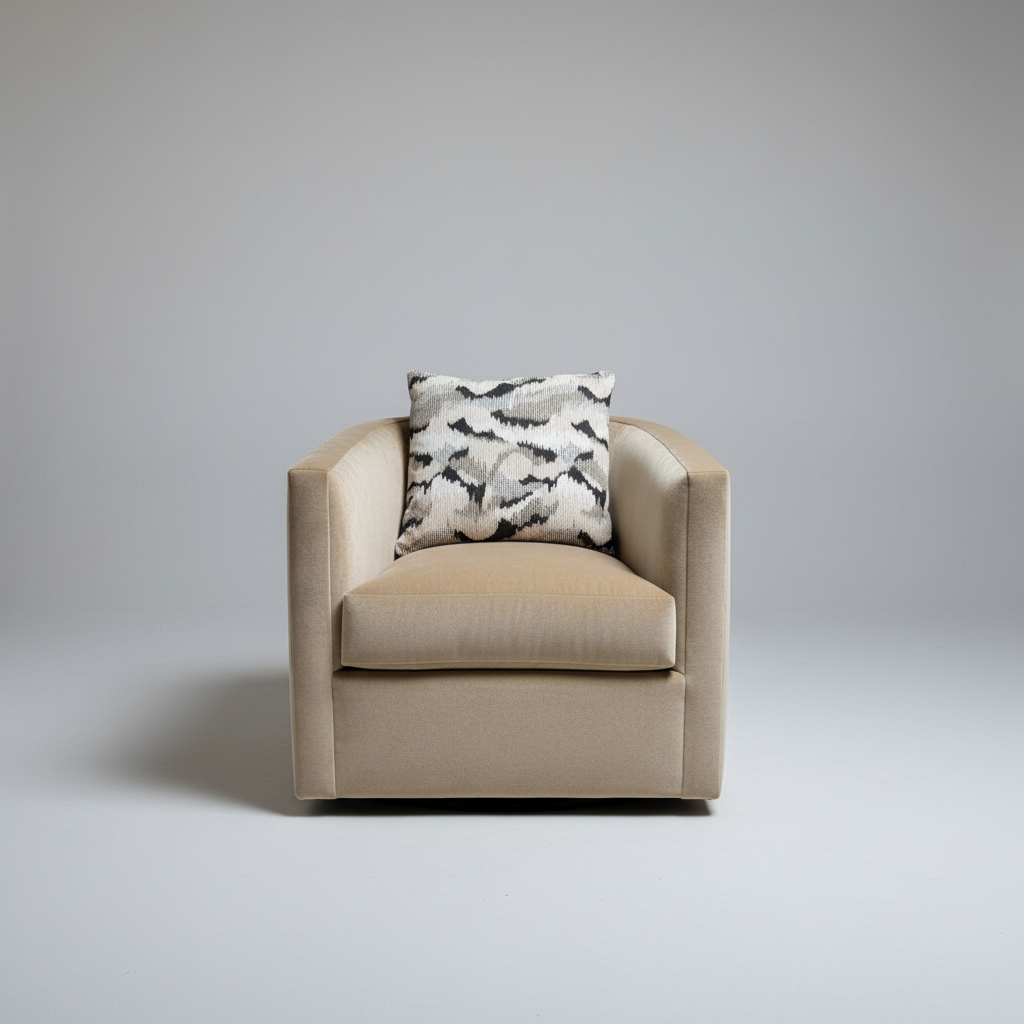 Beige armchair with a patterned pillow on a gray background