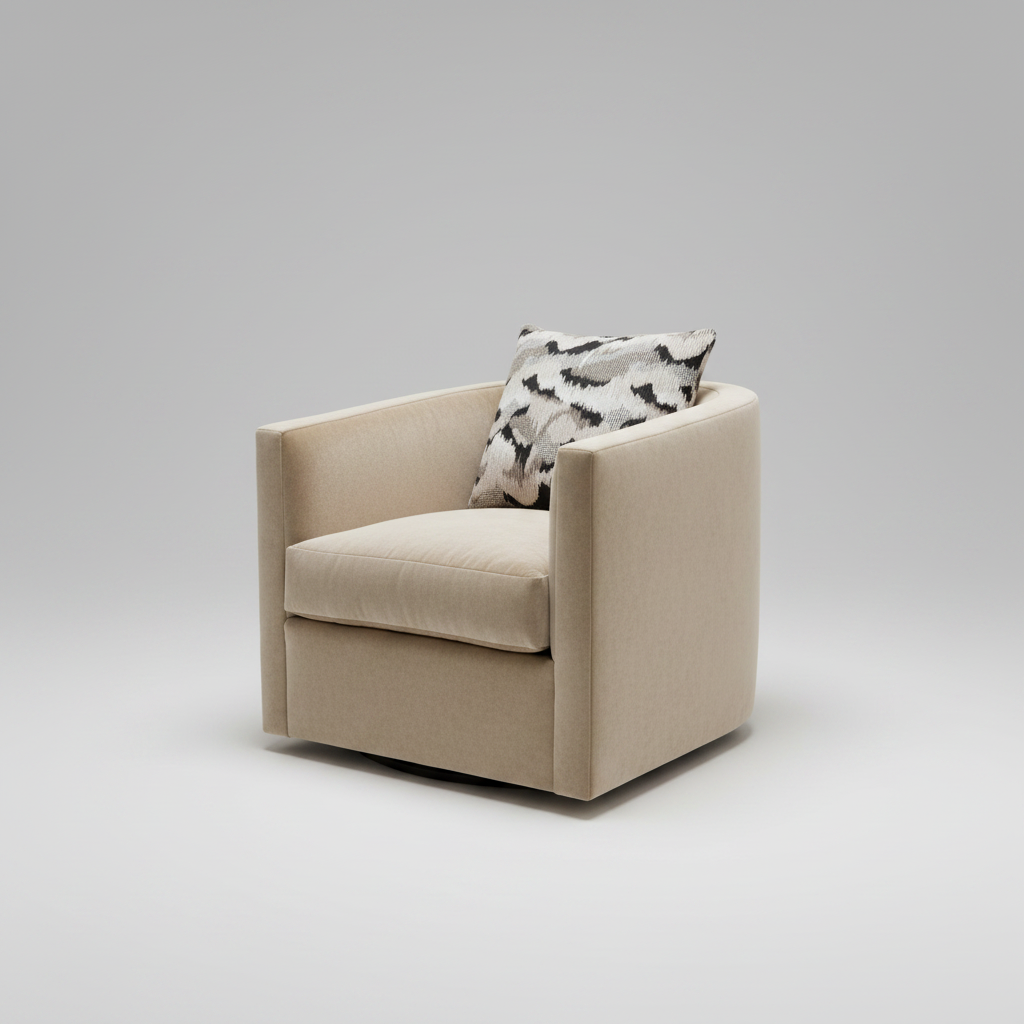 Beige armchair with a patterned pillow on a gray background