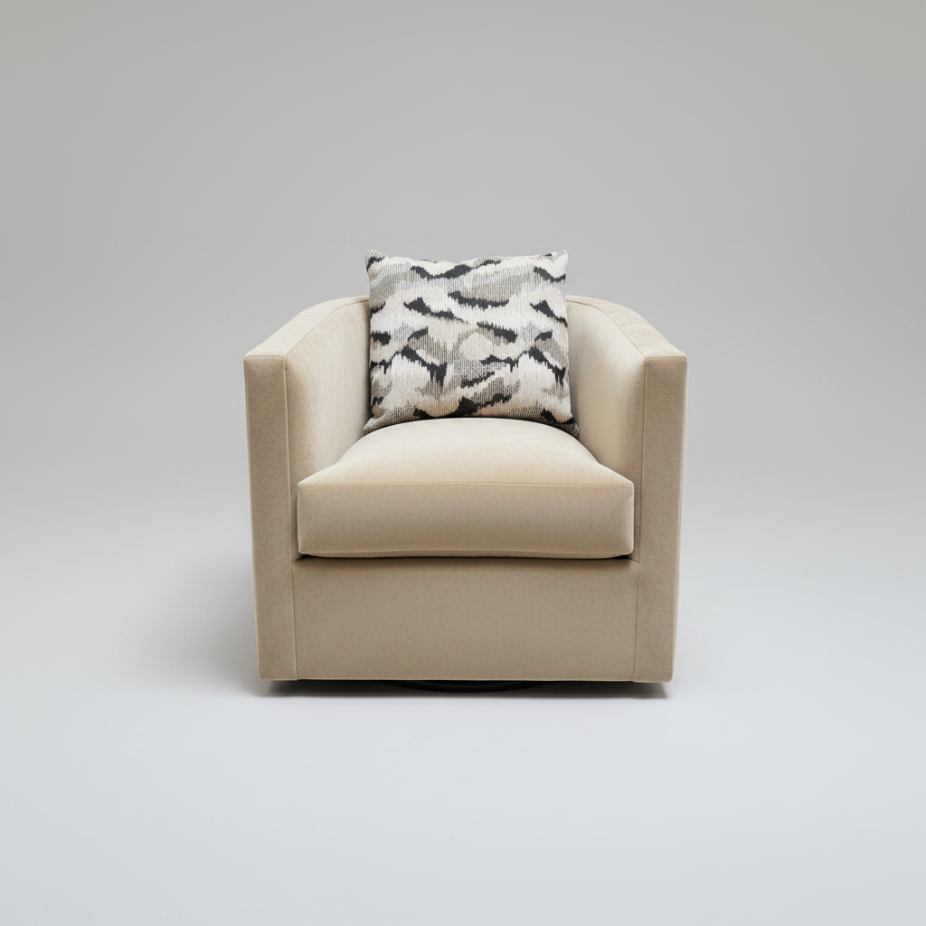 Beige armchair with a patterned pillow on a light gray background