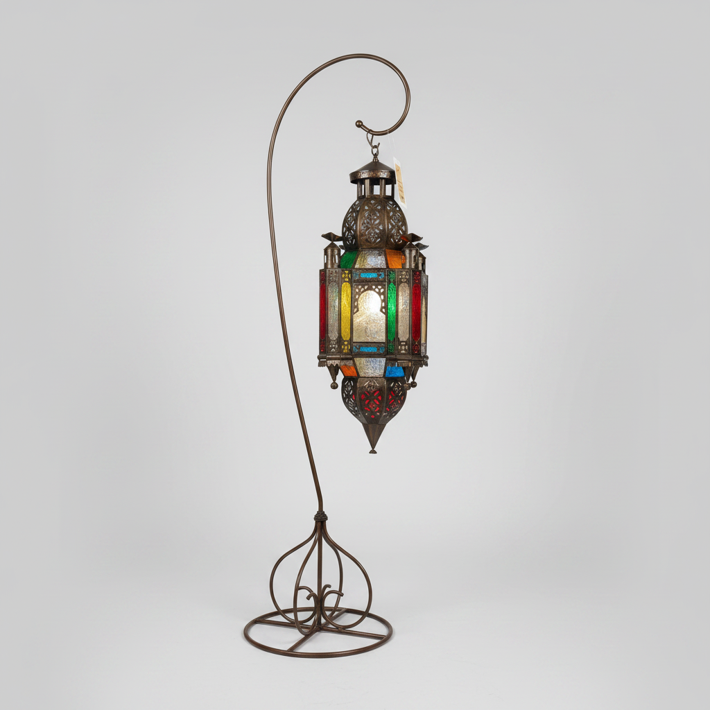 A decorative Moroccan-style hanging lantern with a curved metal stand, featuring multicolored stained glass panels in red, green, yellow, and blue, set against a neutral gray background.