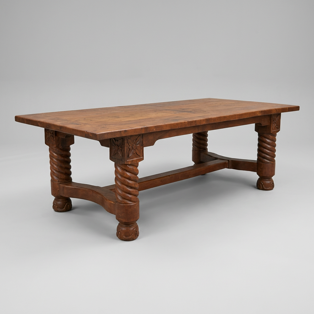 A rustic wooden dining table with a rectangular top, carved details on the legs, and a trestle-style lower stretcher bar, shown on a neutral gray background.