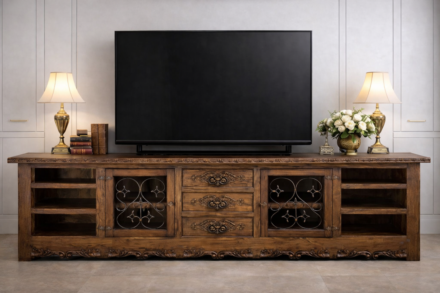 A Jason Scott Lovina Buffet with antique accessories at Fiesta Furnishings in Scottsdale, AZ. 