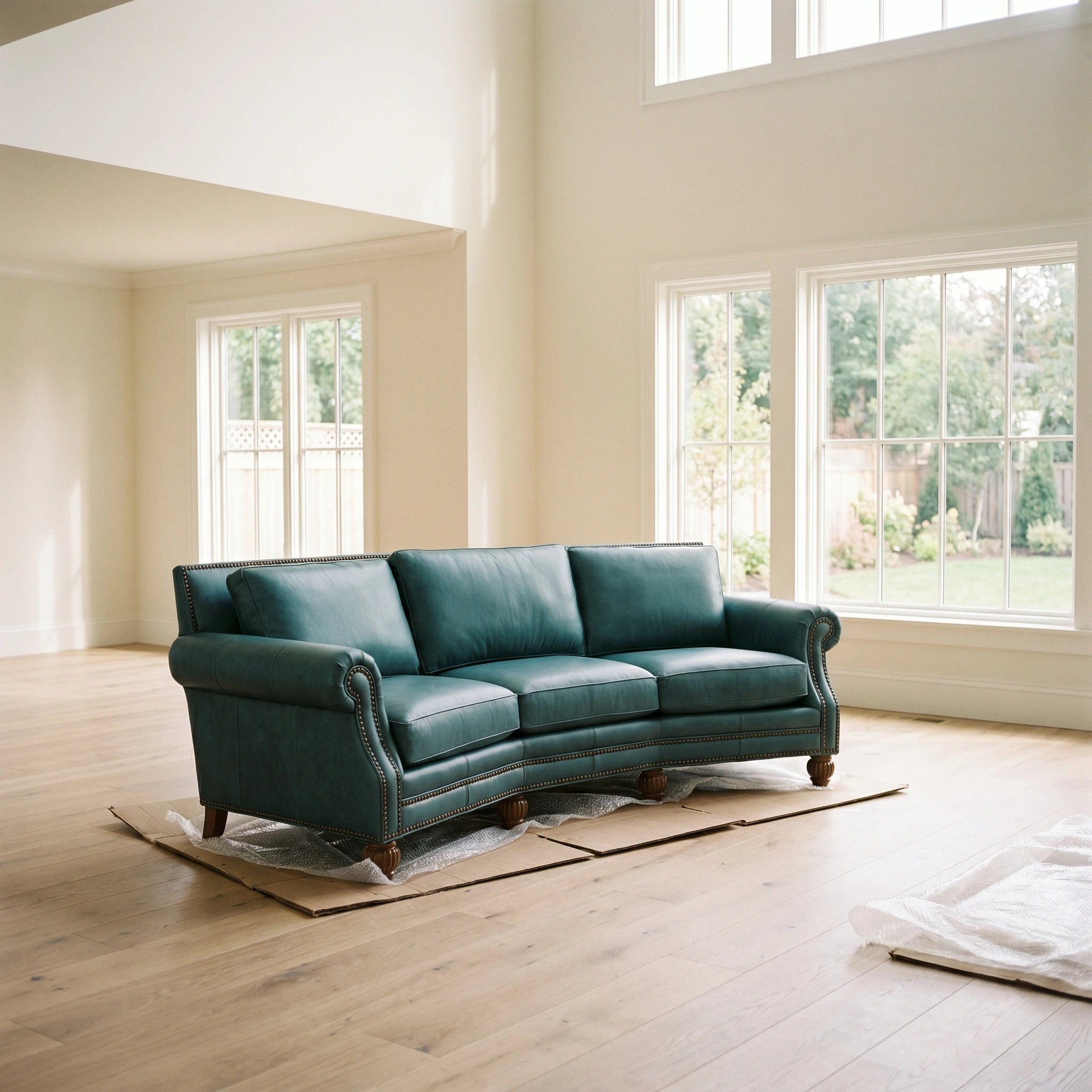 A western turquoise sofa being delivered by Fiesta Furnishings to a new home. 