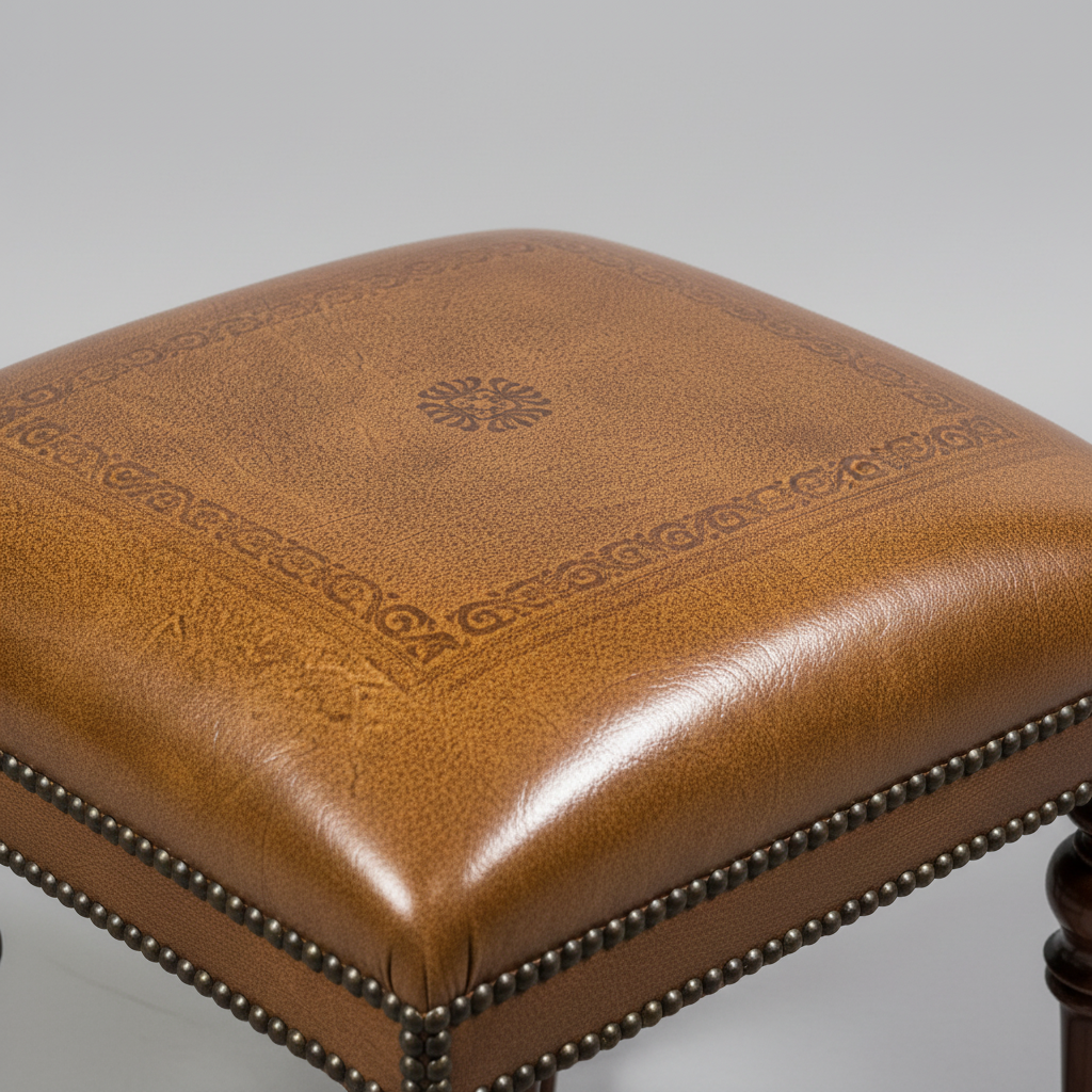 Brown leather stool with decorative patterns on a gray background