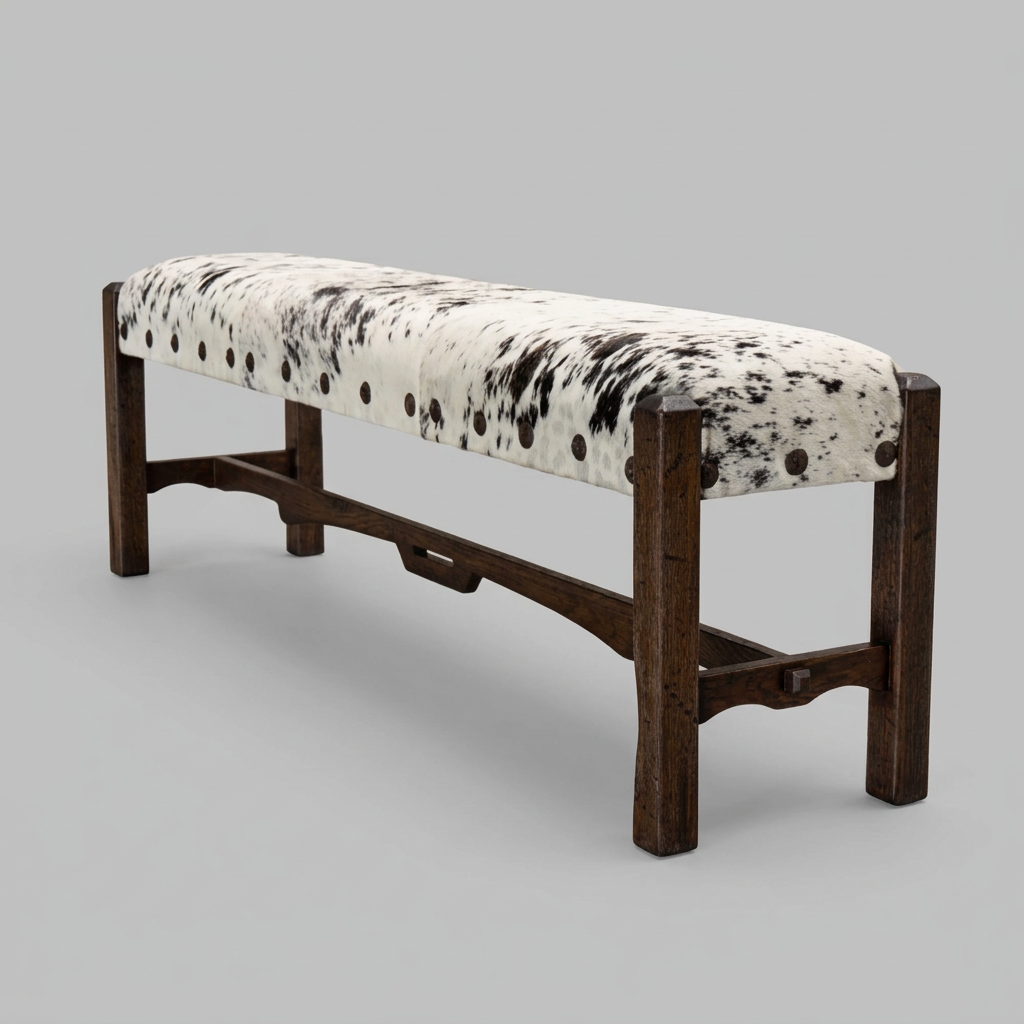 A rustic wooden entryway bench with a black and white cowhide upholstered seat, set against a neutral beige curtain backdrop.