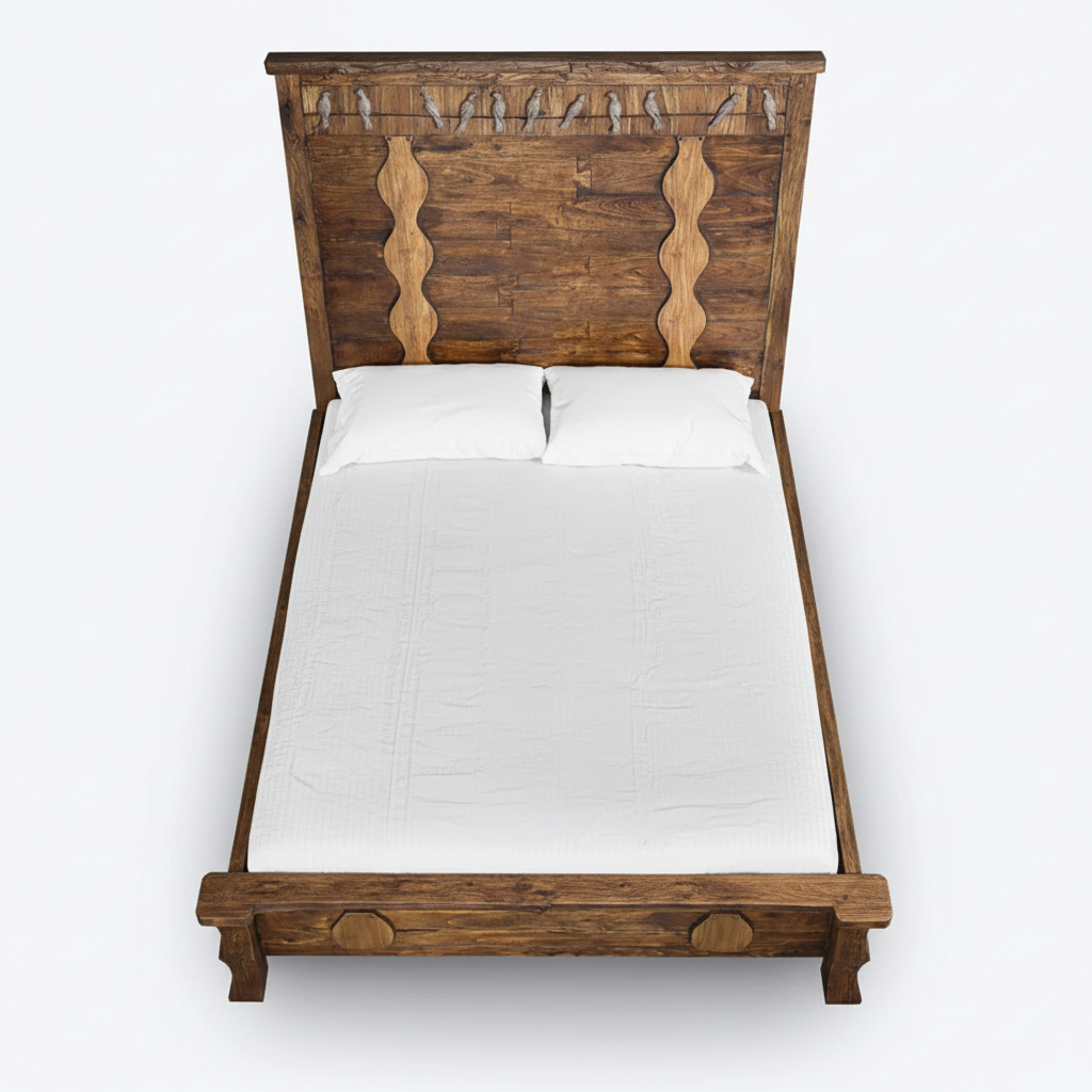 Wooden bed with intricate carvings on a white background