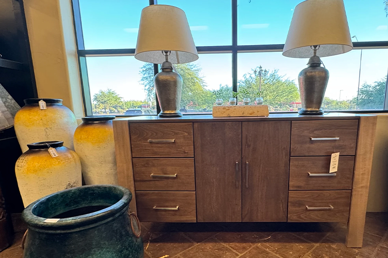 Assorted pottery and a dresser at the Fiesta Furnishings showroom in Scottsdale, AZ. 