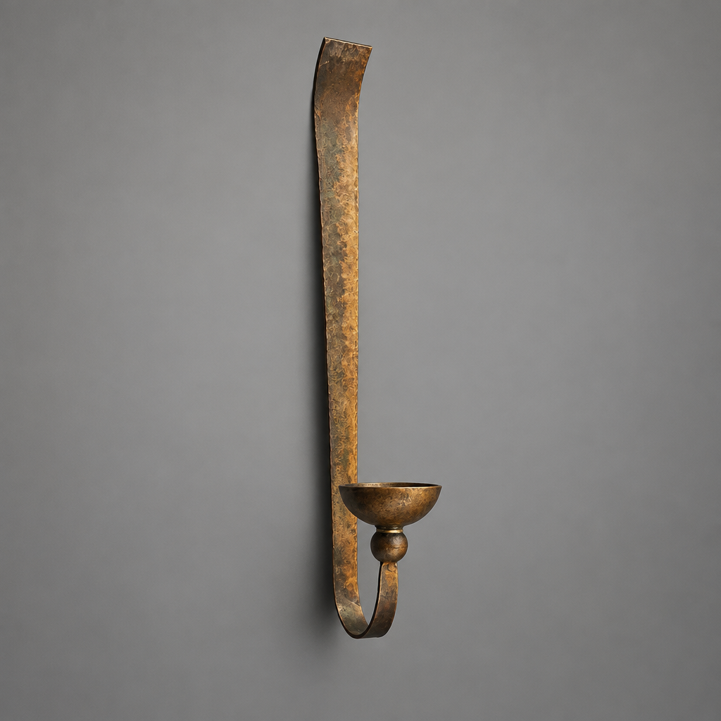 A single rustic metal wall sconce with a long vertical bar, a small bowl-shaped cup, and a curved support, shown against a plain gray background.