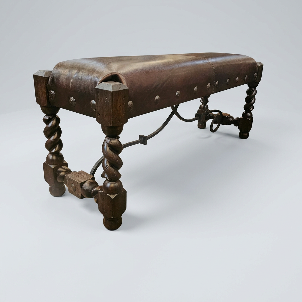 A rustic wooden bench with a distressed brown leather seat, featuring twisted turned legs and metal rivets on the backrest, shown on a light gray studio background.