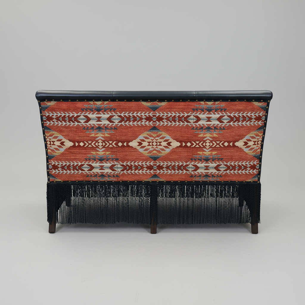 Woven bench with geometric pattern on a gray background